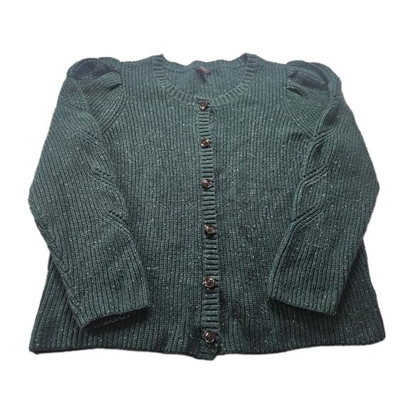 Talbots Plus 1X Button Up Heavy Knit Sweater Green w/ Speckles Off White Cozy - Picture 1 of 8